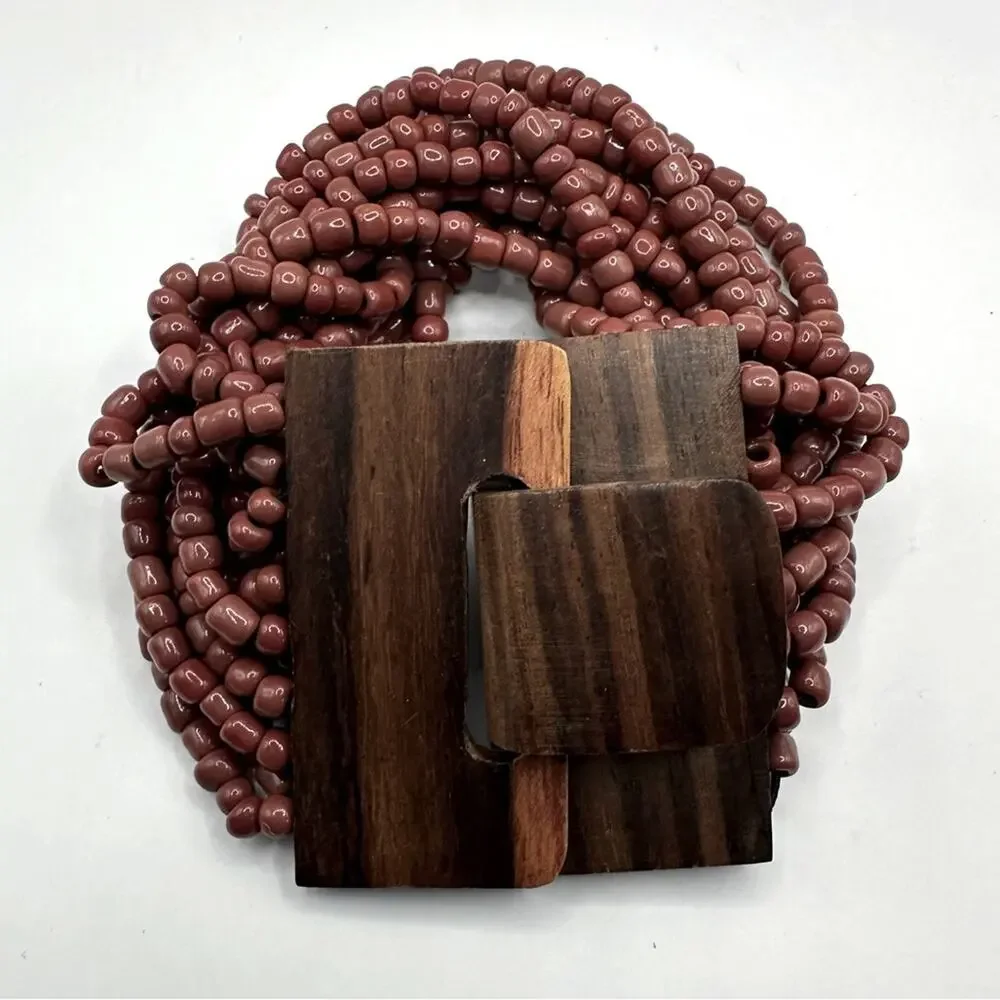 Bali Maroon Brown 14 Strand Bead Bracelet Wood Clasp Hard Wood Boho Casual